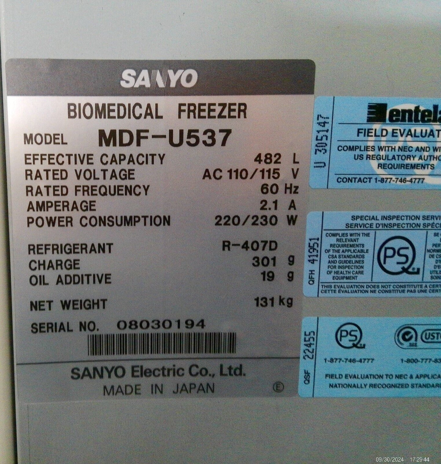 Sanyo MDF-U537 Two-Door Biomedical -30C Lab Freezer 17Cf 120V FULLY TESTED