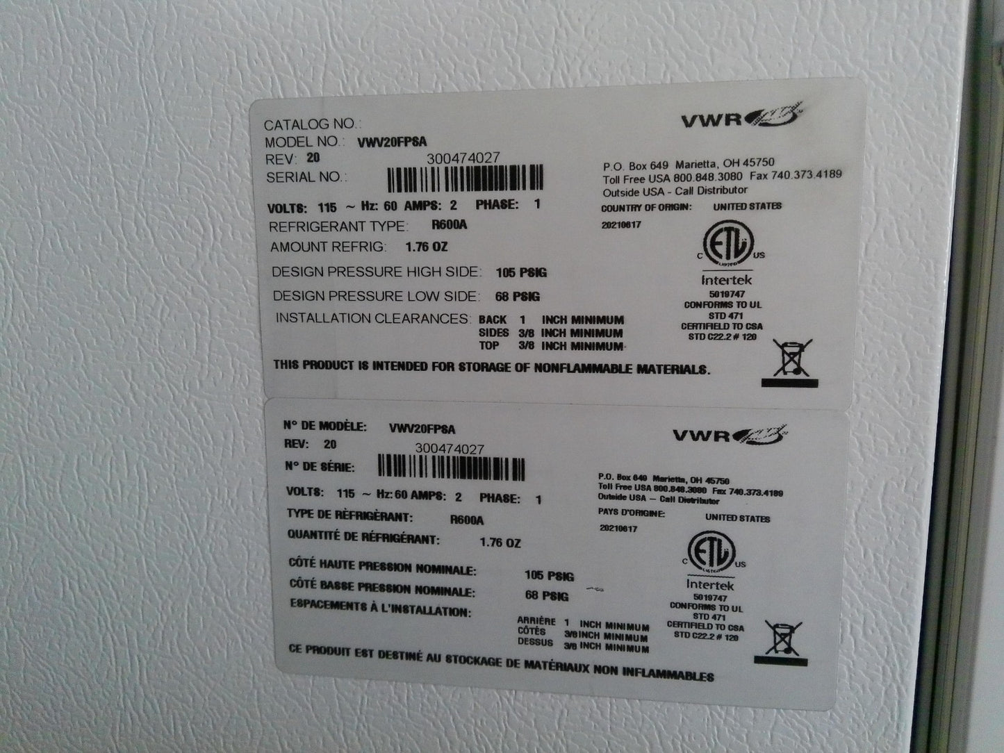 VWR VWV20FPSA/ -20C Laboratory Freezer 20Cf 120v FULLY TESTED