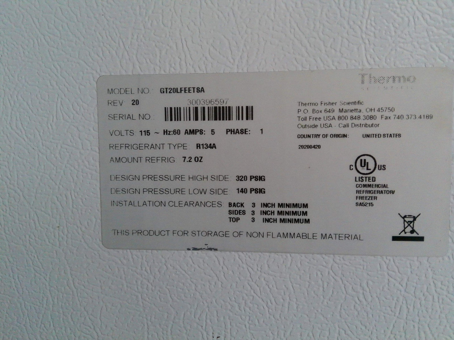 Thermo Scientific GT20LFEET8A/ -20C Laboratory Freezer 20Cf 120v FULLY TESTED