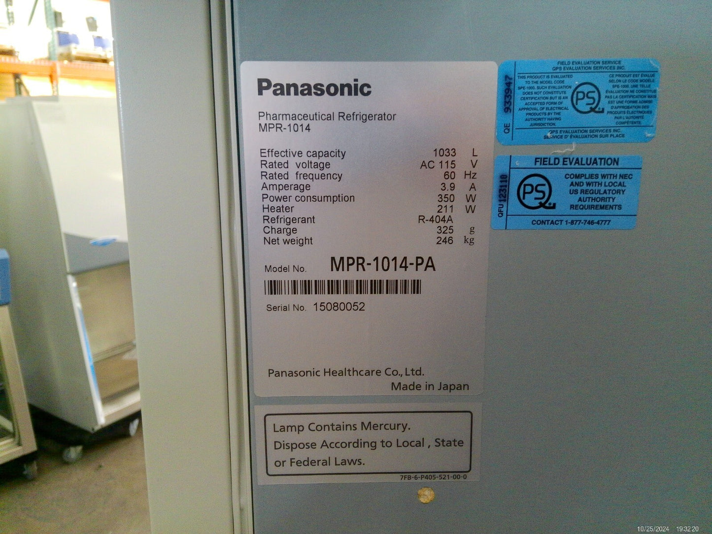 Panasonic MPR-1014-PA Refrigerator Double Sliding Door Pharmaceutical 120v