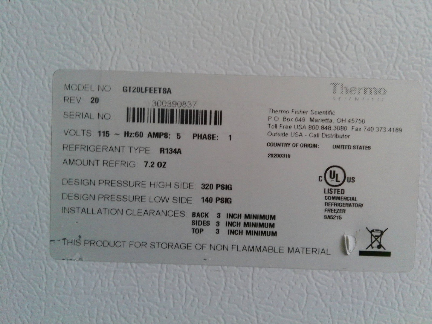 Thermo Scientific GT20LFEET8A/ -20C Laboratory Freezer 20Cf 120v FULLY TESTED