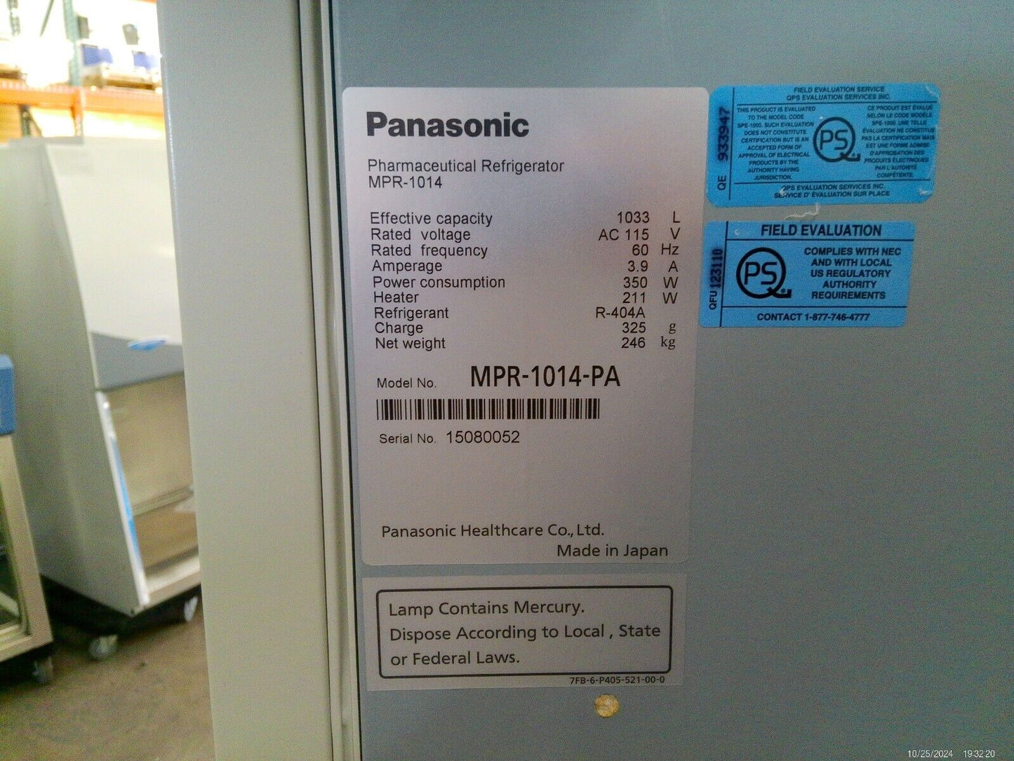 Panasonic MPR-1014-PA Refrigerator Double Sliding Door Pharmaceutical 120v