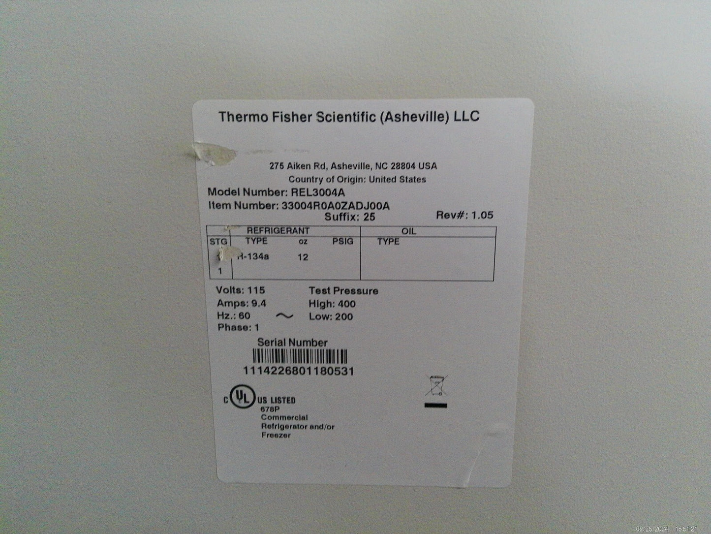 Thermo Scientific REL3004A +4C Laboratory Refrigerator 29.2Cf 120v FULLY TESTED