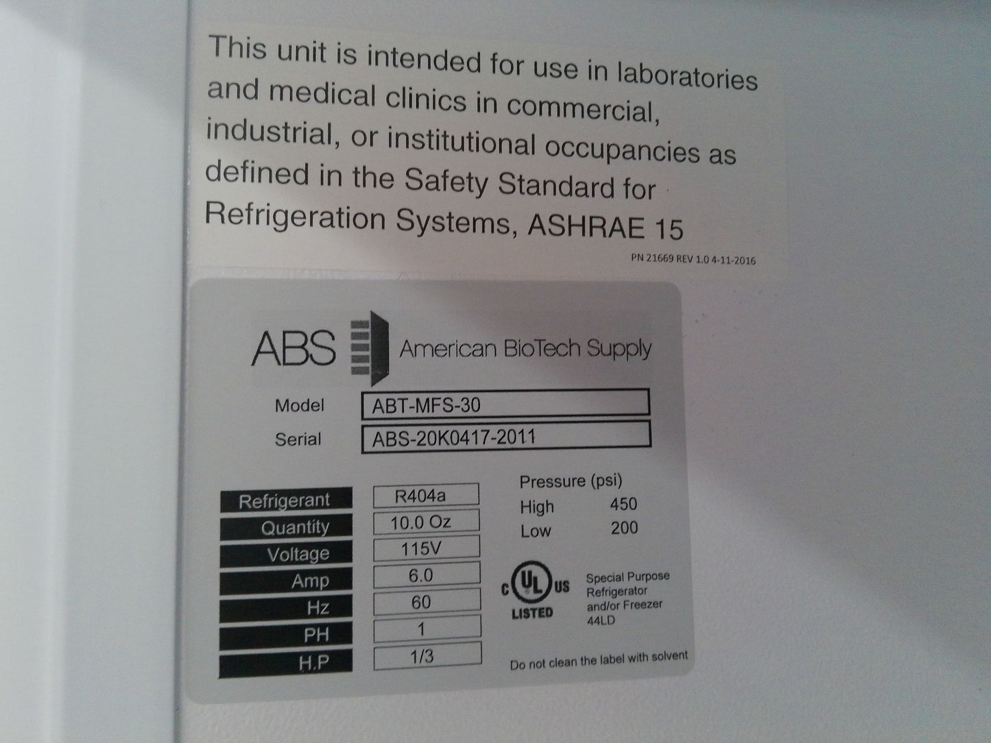 ABS American Biotech Supply -20C Laboratory Freezer 30Cf 120v FULLY TESTED 2011