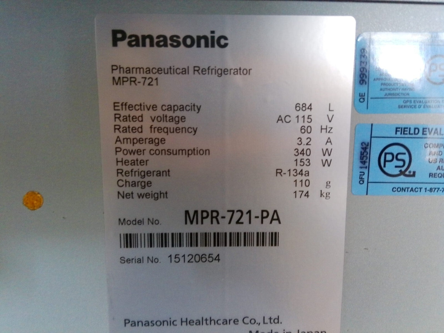 Panasonic MPR-721-PA +4C Laboratory Refrigerator 24.2Cf 120v FULLY TESTED
