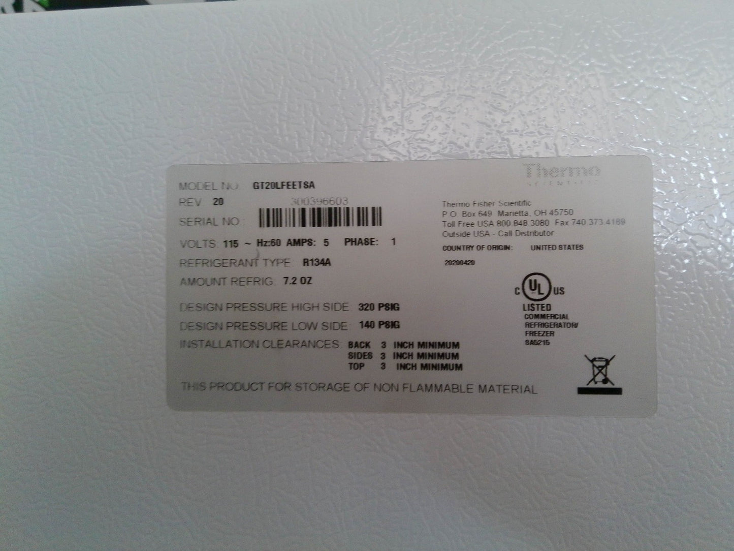 Thermo Scientific GT20LFEET8A/ -20C Laboratory Freezer 20Cf 120v FULLY TESTED