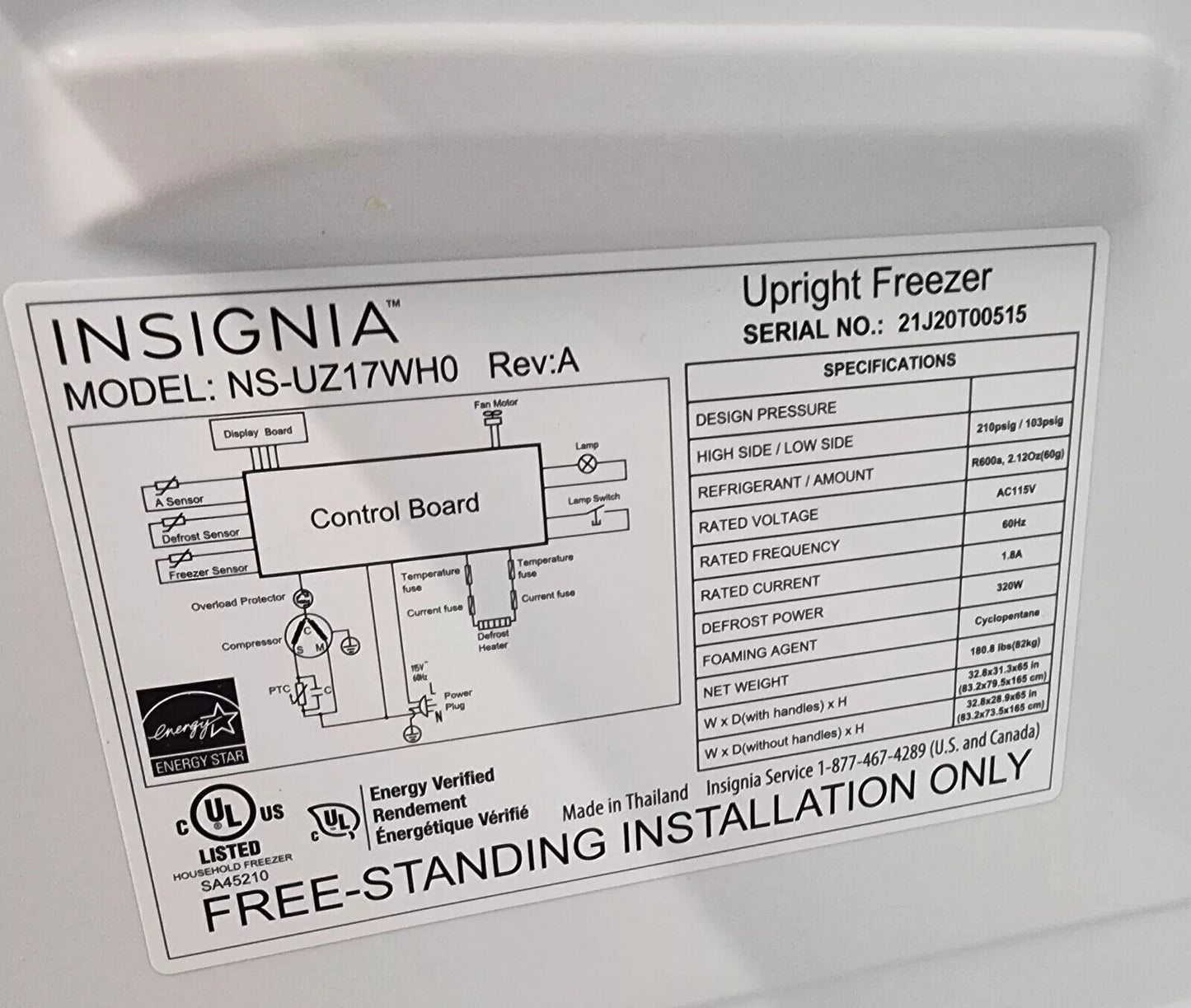 Insignia NS-UZ17WH0 Convertible Refrigerator/ Freezer 17Cf 120v FULLY TESTED