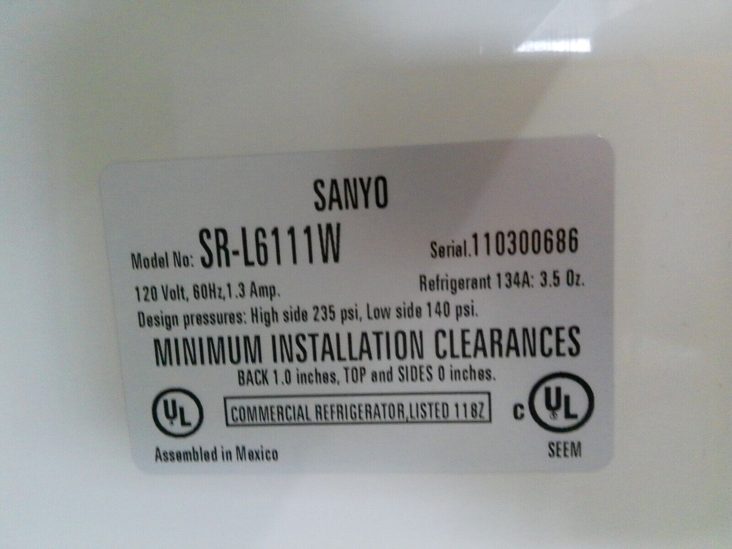 VWR Sanyo SR-L6111W Undercounter Laboratory Mini-Fridge 5.7Cf 120v FULLY TESTED
