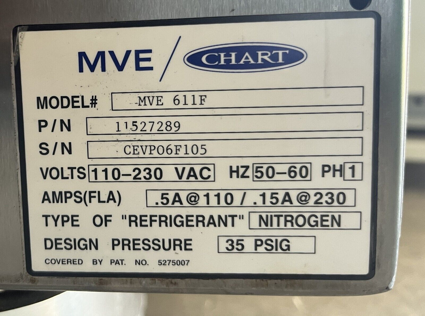 Chart/ MVE 611F LN2 Cryo Nitrogen Storage Freezer w/ TEC 2000 236L 120v