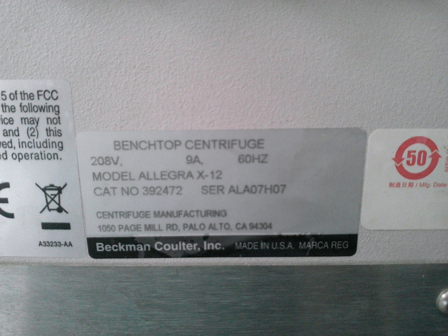 Beckman Allegra X-12 Refrigerated 20°C Benchtop Centrifuge w/Rotor, Buckets 220v