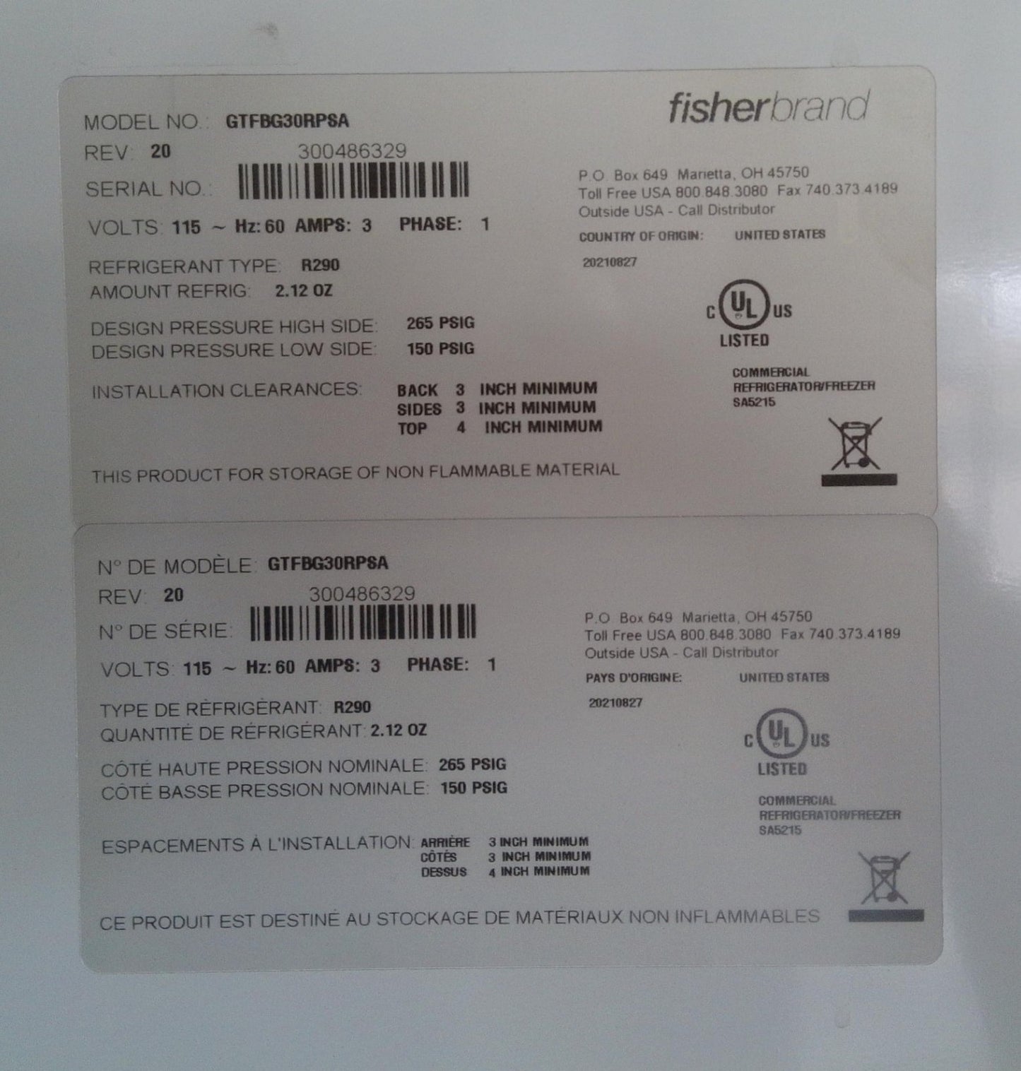 Fisherbrand Isotemp GTFBG30RPSA +4C Laboratory Refrigerator 27Cf (2021)