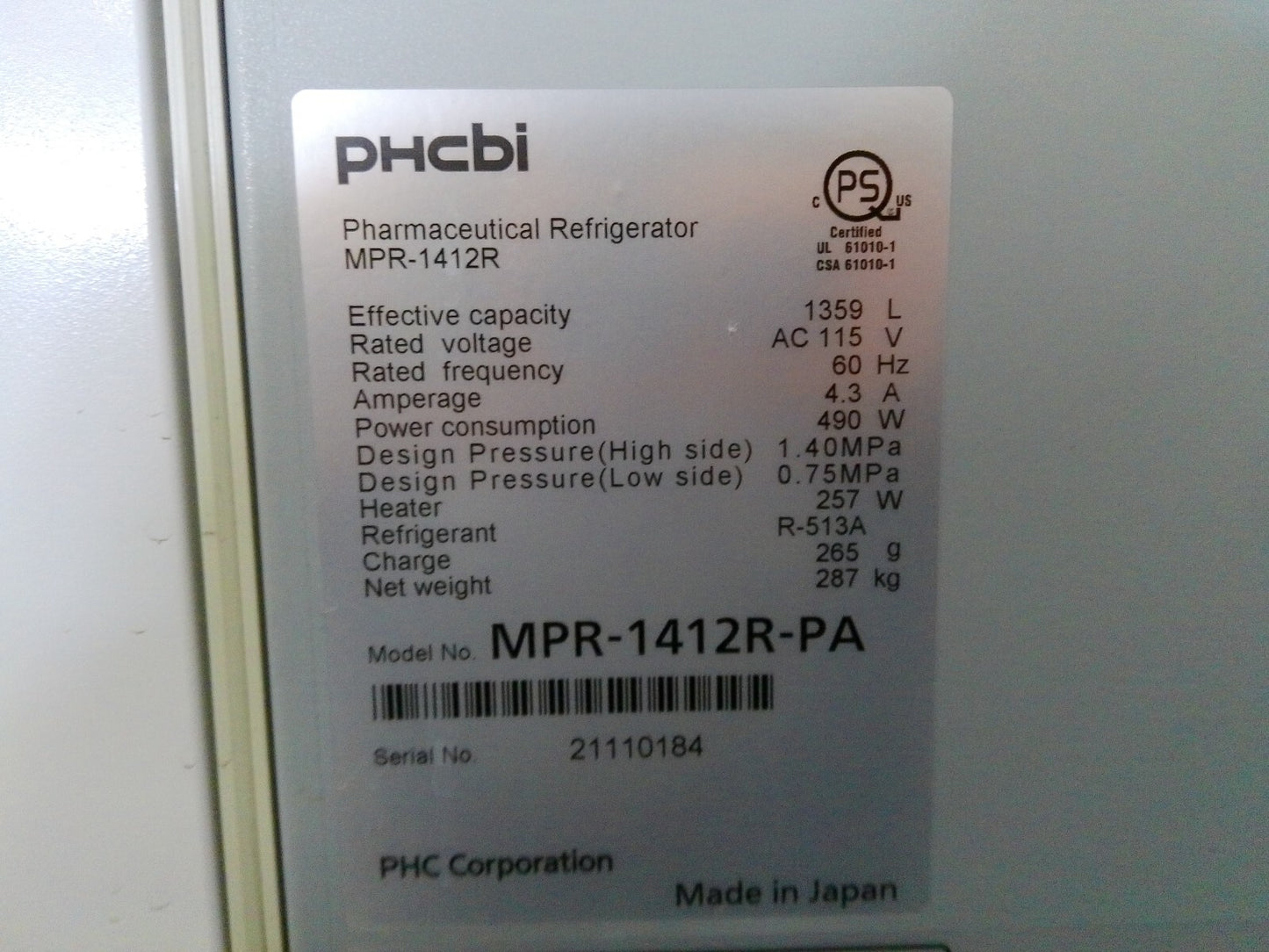 PHCbi MPR-1412R-PA Double Door Pharmaceutical Refrigerator 48Cf 120v