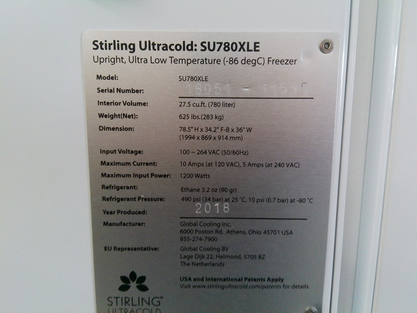 Stirling Ultracold SU780XLE -86C Ultra Low Freezer 27.5Cf (2018) FULLY TESTED