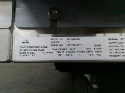 Nuaire 6ft NU-543-600 A2 Biosafety Cabinet w/UV & Stand FULLY TESTED
