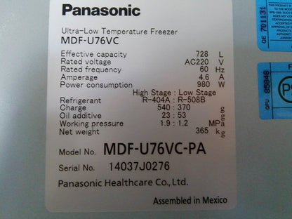 Panasonic VIP Series  MDF-U76VC-PA -86C Ultra Low Freezer 25.7Cf  220v