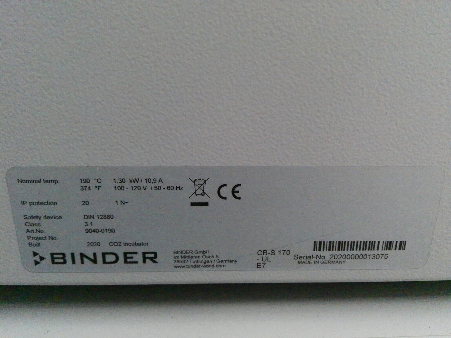 Binder CB-S 170 9040-0190 Double Stack CO2 Incubator w/ Casters 120v