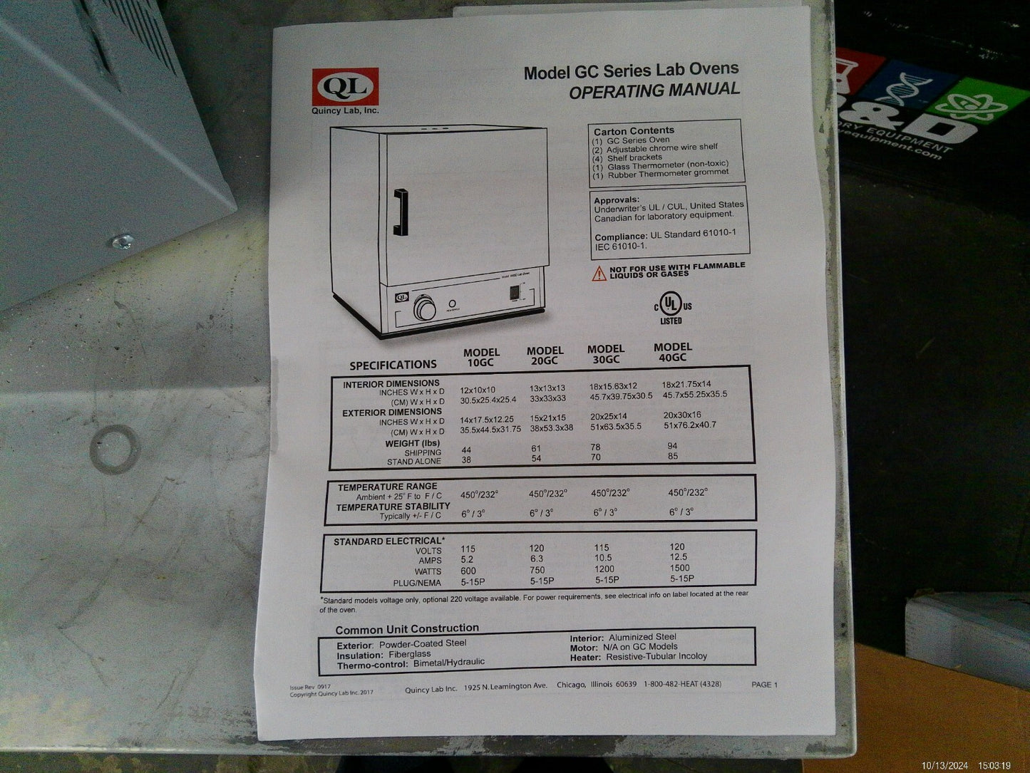 Quincy Lab 10GC Gravity Convection Lab Oven 0.7Cf 120V - NEW OPEN BOX