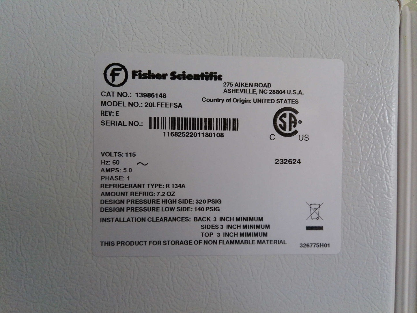 Fisher Scientific FS20LFEETSA -20c Laboratory Freezer 20.6Cf
