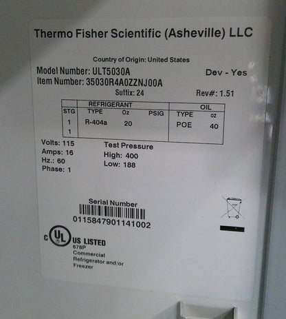 Thermo Scientific ULT5030A Double Door -30C Laboratory Freezer 51.1Cf (2014)