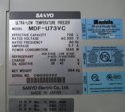 Sanyo -86C Ultra Low Freezer MDF-U73VC VIP Series 26Cf, 220v -80, FULLY TESTED