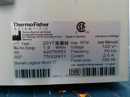 Thermo Scientific Sorvall Legend Micro 17 Centrifuge w/ 75003424 Rotor