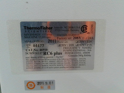 Thermo Sorvall RC6 Plus Refrigerated Floor Centrifuge w/ Rotor (SH-3000) 208V