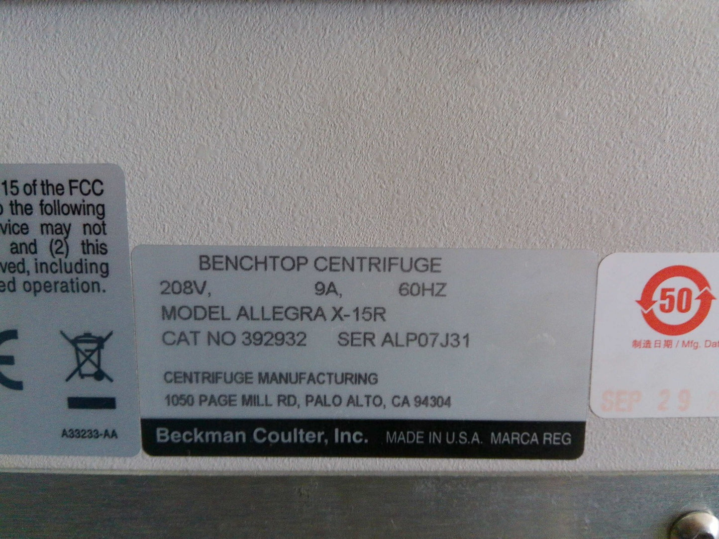 Beckman Allegra X-15R Refrigerated Benchtop Centrifuge w/Rotor & Buckets