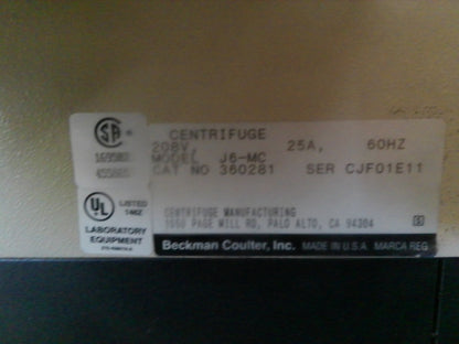 Beckman Coulter J6-MC High-Capacity Refrigerated Floor Centrifuge w/ Rotor