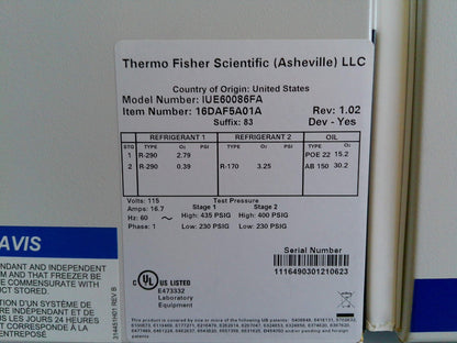 Fisherbrand Isotemp IUE60086FA -86C Ultra Low Freezer 28.8Cf FULLY TESTED