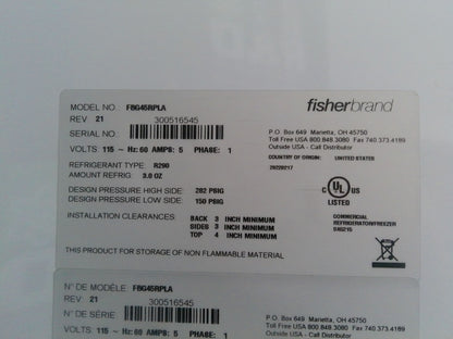 FisherBrand FBG46RPLA Isotemp Glass Double Door Laboratory +4C Refrigerator 46Cf
