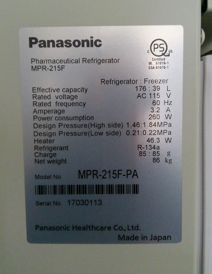 Panasonic MPR-215F Laboratory +4C Refrigerator/ -20C Freezer Combo 7.6Cf (2017)