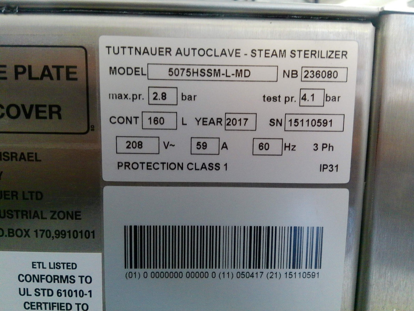 Tuttnauer 5075 HSSM-L-MD Autoclave Steam Sterilizer (2017), Excellent Condition