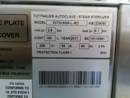Tuttnauer 5075 HSSM-L-MD Autoclave Steam Sterilizer (2017), Excellent Condition