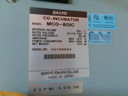 Sanyo MCO-80IC CO2 Large Reach-In Incubator 30.1Cf, 851L, 120v