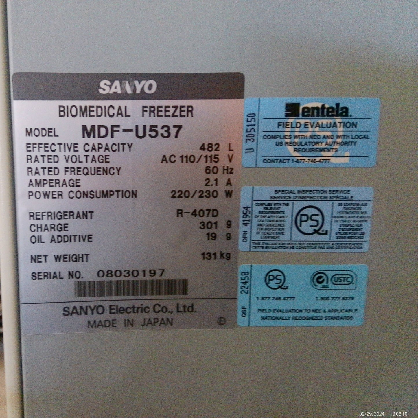 Sanyo MDF-U537 Two-Door Biomedical -30C Lab Freezer 17Cf 120V FULLY TESTED