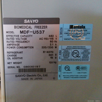 Sanyo MDF-U537 Two-Door Biomedical -30C Lab Freezer 17Cf 120V FULLY TESTED