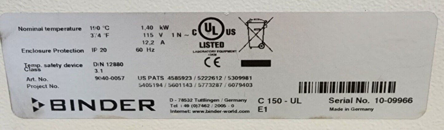 Binder 9040-0057 C 150-UL CO2 Oven Incubator 150L 120v FULLY TESTED