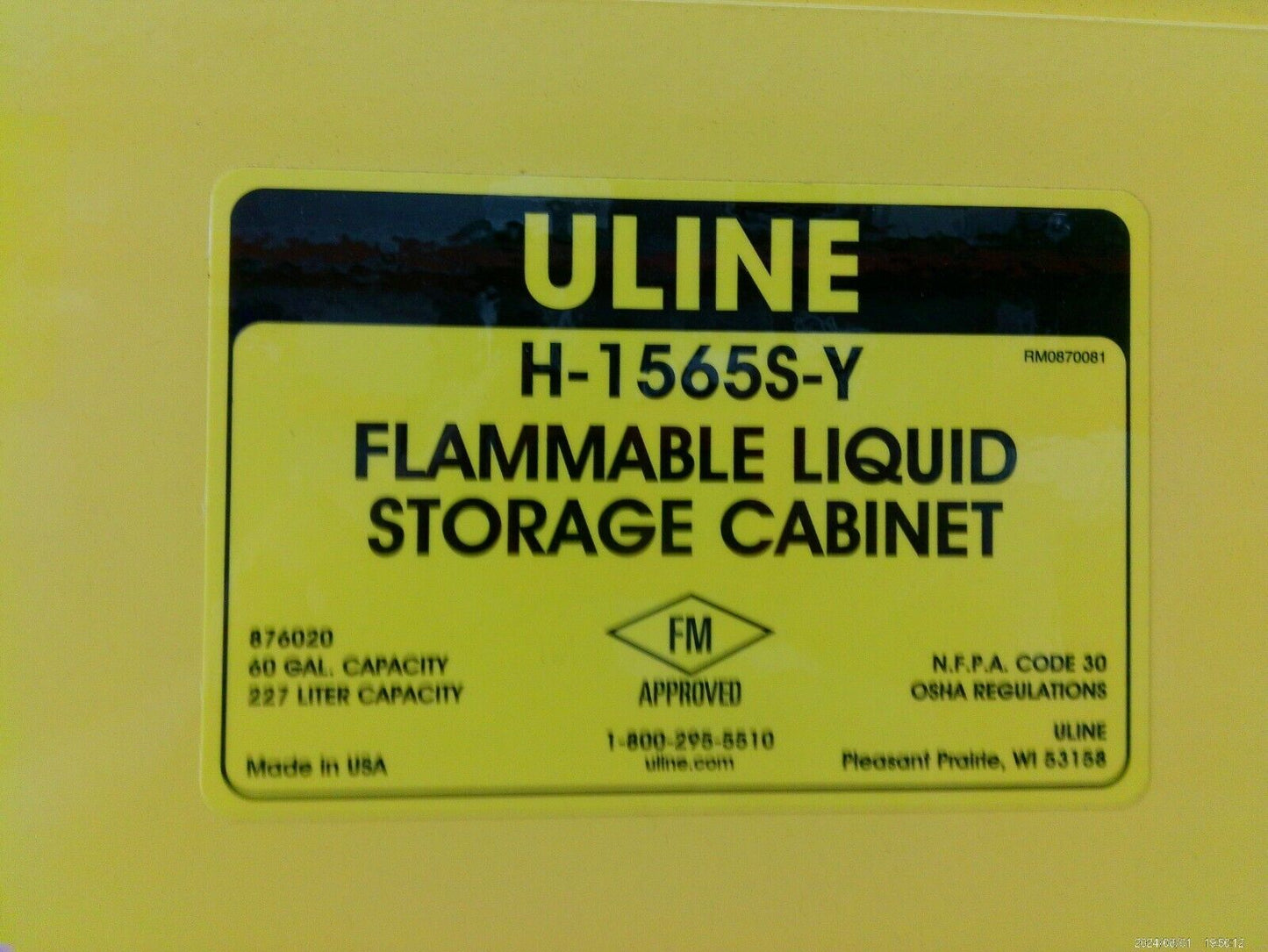Uline H-1565S-Y Flammable Storage Cabinet Self Closing Doors 60 Gal