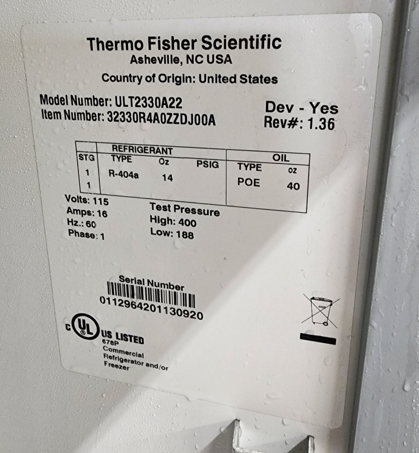 Thermo Scientific ULT2330A -30 Commercial Laboratory Freezer 23Cf, 120v, TESTED