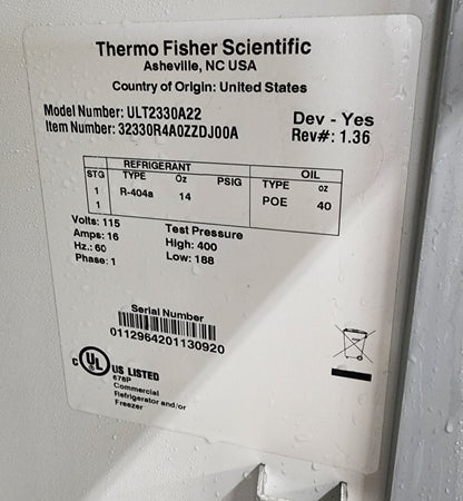 Thermo Scientific ULT2330A -30 Commercial Laboratory Freezer 23Cf, 120v, TESTED