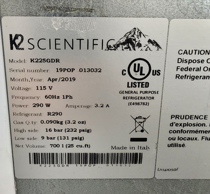 K2 Scientific K225GDR +4°C Commercial Refrigerator 25Cf 120v FULLY TESTED