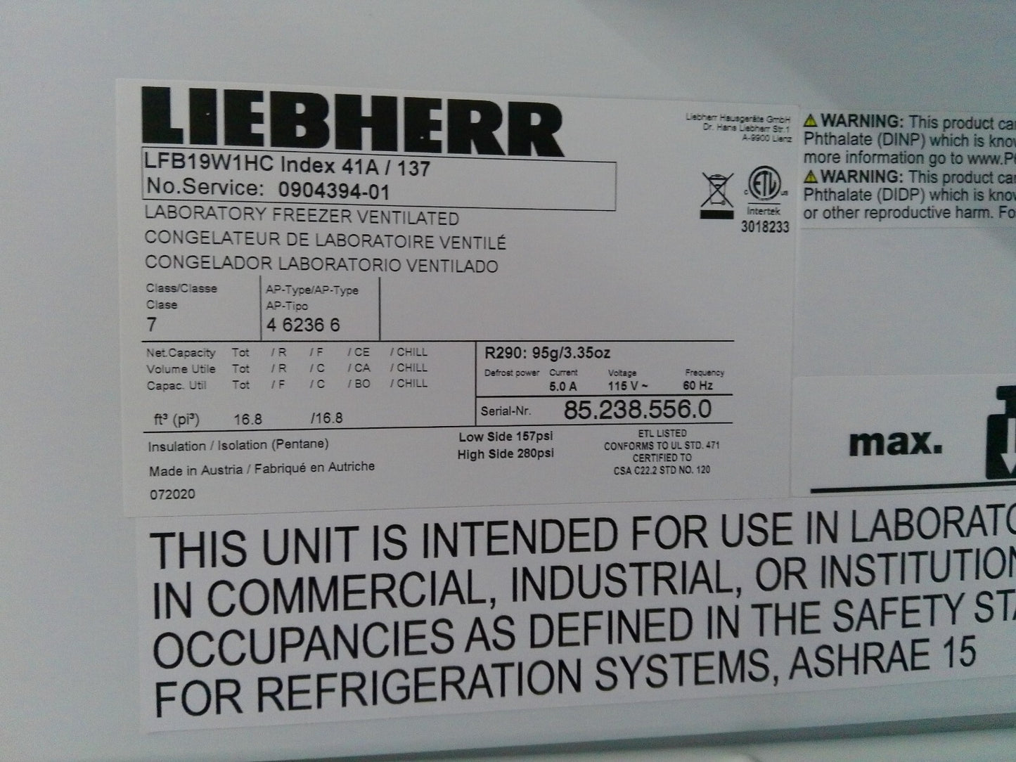 Liebherr LFB19W1HC Mediline General Purpose -20c Lab Freezer 19Cf 120v