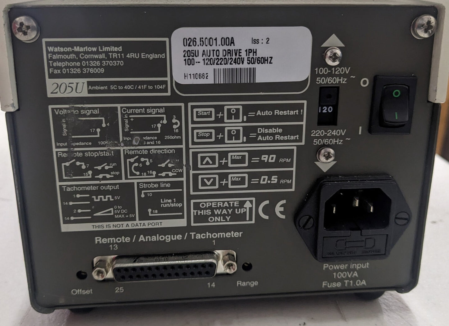 Watson Marlow 205U Peristaltic Pump w/ 204CA 4 Channel 8 Roller Head 120v