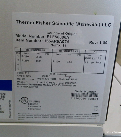 Thermo Scientific RLE50086A -86C Ultra Low Freezer 24.1Cf (2017) FULLY TESTED