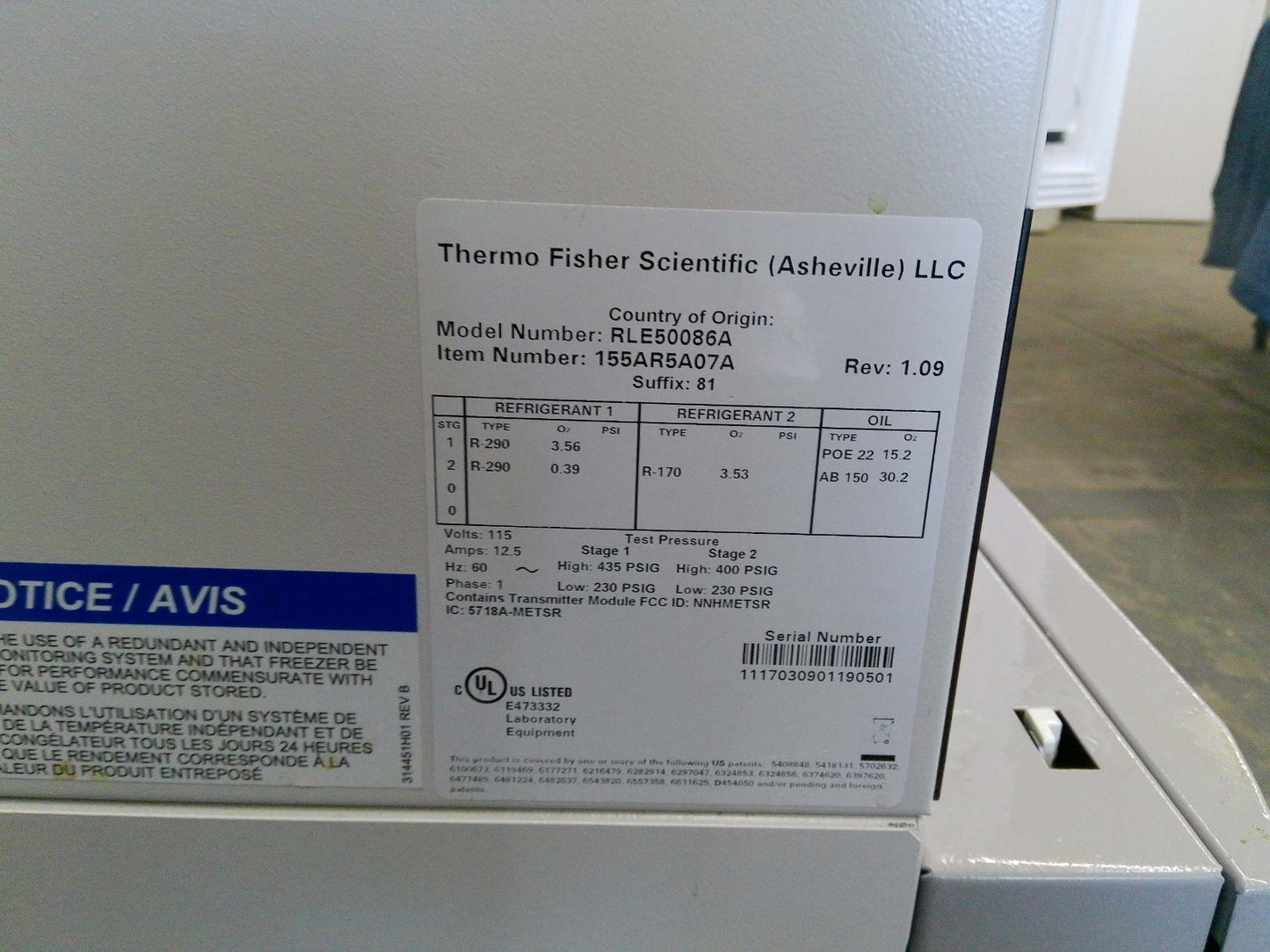 Thermo Scientific RLE50086A -86C Ultra Low Freezer 24.1Cf (2017) FULLY TESTED