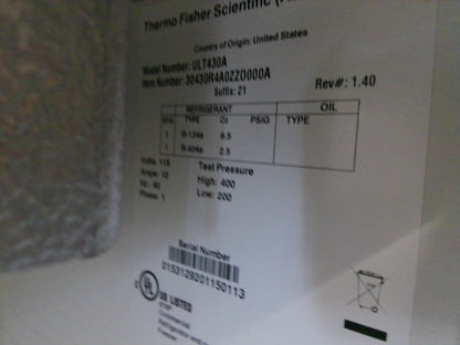 Thermo Scientific ULT430A Revco Undercounter Laboratory Freezer 4.9Cf 120v