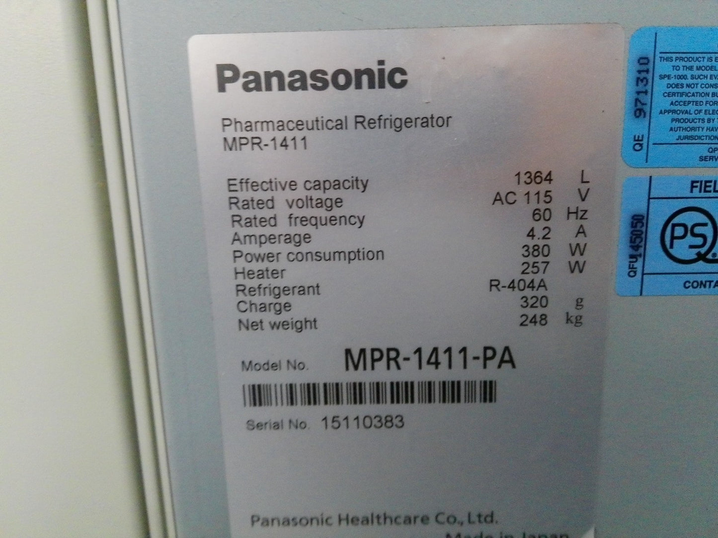 Panasonic MPR-1441-PA Double Door Pharmaceutical Refrigerator 48Cf (2015) 120v