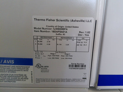 Fisherbrand Isotemp IUE60086FA -86C Ultra Low Freezer 28.8Cf (2023) FULLY TESTED