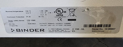 Binder 9040-0057 C 150-UL CO2 Oven Incubator 150L 120v FULLY TESTED