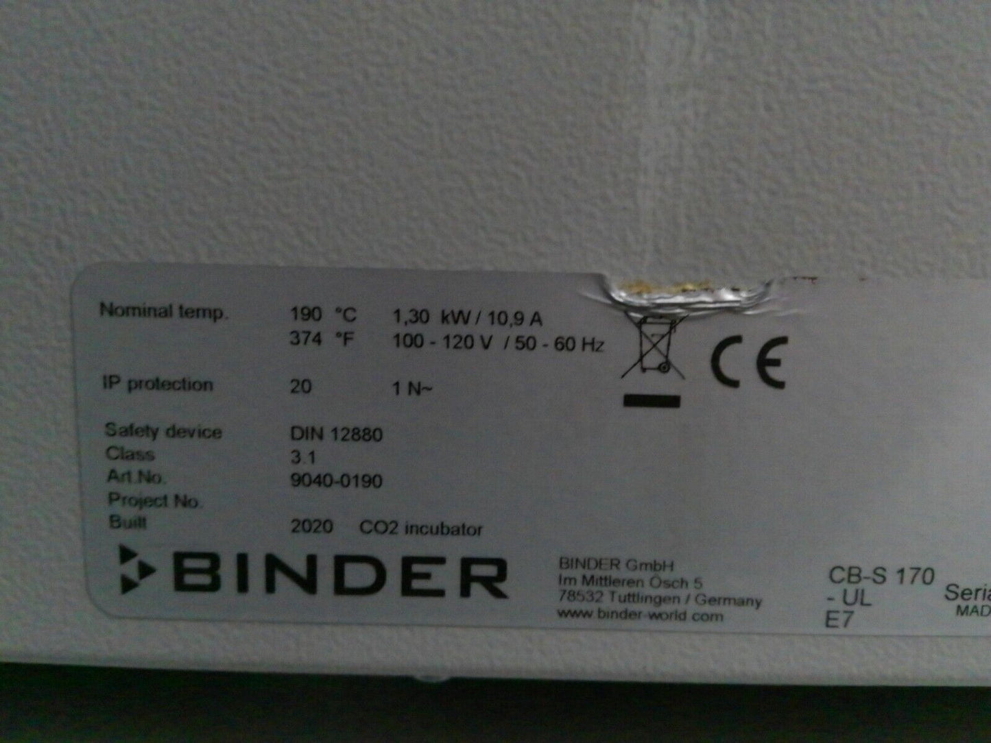 Binder CB-S 170 9040-0190 Double Stack CO2 Incubator w/ Casters 120v